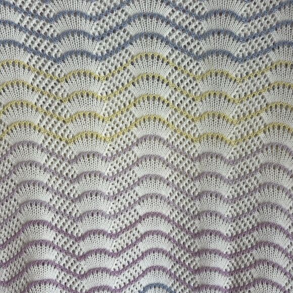 LOFT Striped Pointelle Puff Sleeve Sweater Tee knit Women Pastel Wave Sweater M - Picture 4 of 8